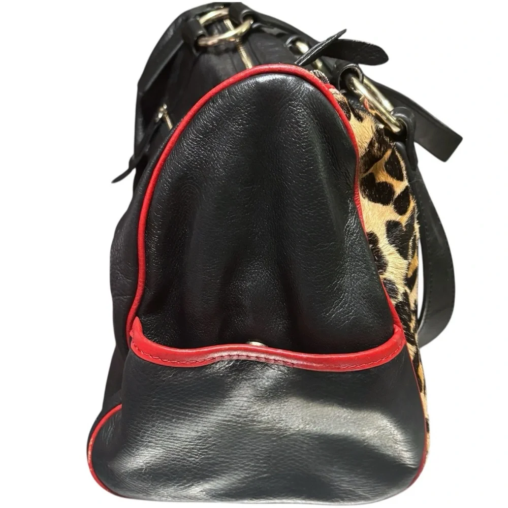 Aqua Madonna Leopard Calf Hair Large Leather Shoulder Bag Red Tassel Zip Satchel - Picture 6 of 15